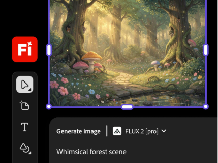 UI for the Firefly Generate Image app, with FLUX.2 [pro] clearly visible as the model in use. The prompt reads "Whimsical forest scene," and the image shows a sunlit forest out of a fairytale.
