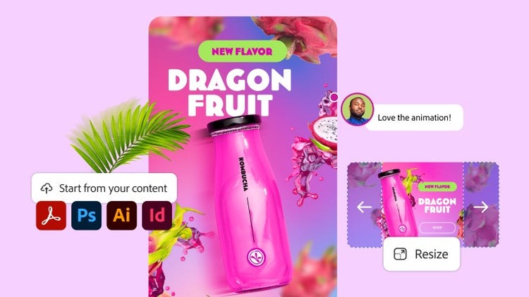 An editable template for a drink product designed by Adobe Express. The template features a stylish and modern design with placeholders for the product name, description, and image. It includes vibrant colours and customisable elements to create an appealing and professional look for the drink product., Picture