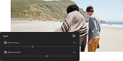 Photo of two people standing next to each other at the beach on a sunny day and the Adobe {{premiere}} Audio Repair tool panel superimposed over it
