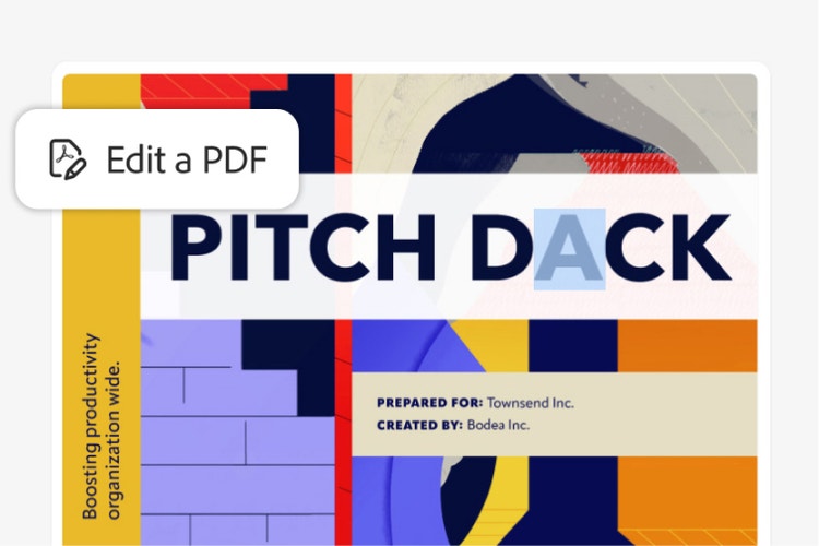 Gambar dokumen Pitch Deck menyoroti typo di bagian judul, menunjukkan overlay ikon fitur Acrobat ‘Edit PDF’.