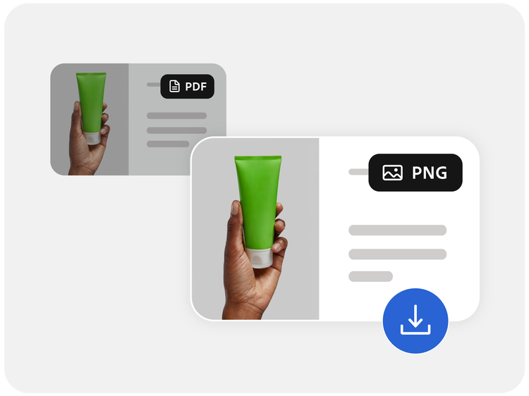 PDF dengan gambar tangan memegang tabung kecil, yang kemudian diubah formatnya menjadi PNG yang dapat diunduh.