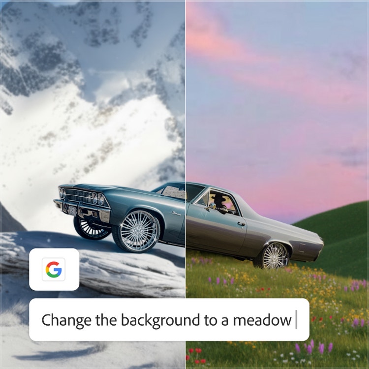 Gambar AI yang dibuat menggunakan Ideogram dan menampilkan mobil yang terbagi antara latar belakang gunung bersalju dan padang rumput hijau berbunga