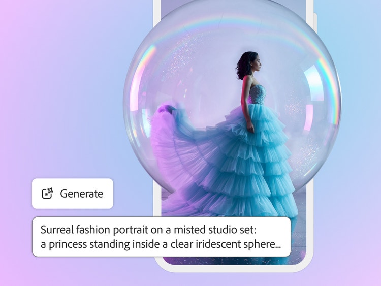 Potret fashion yang dihasilkan kecerdasan buatan menampilkan model dengan gaun biru melambai-lambai di dalam sebuah bola dengan latar belakang pastel