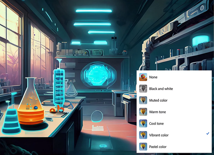 Gambar laboratorium yang dihasilkan Firefly menggunakan kecerdasan buatan untuk kustomisasi lingkungan pengembang game disertai overlay antarmuka pemilihan gaya