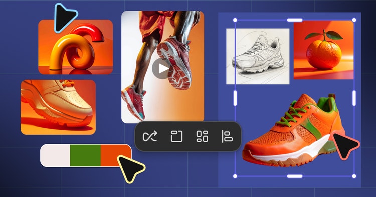 Papan panduan desain bertema sepatu kets dengan palet warna oranye, sketsa, bentuk abstrak, dan foto produk.