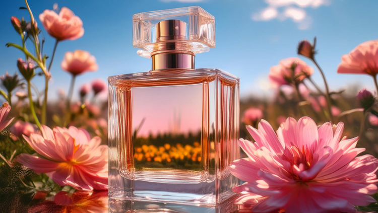 Gambar botol parfum hasil AI, berisi cairan berwarna merah muda dan dikelilingi bunga-bunga bermekaran di bawah langit biru.