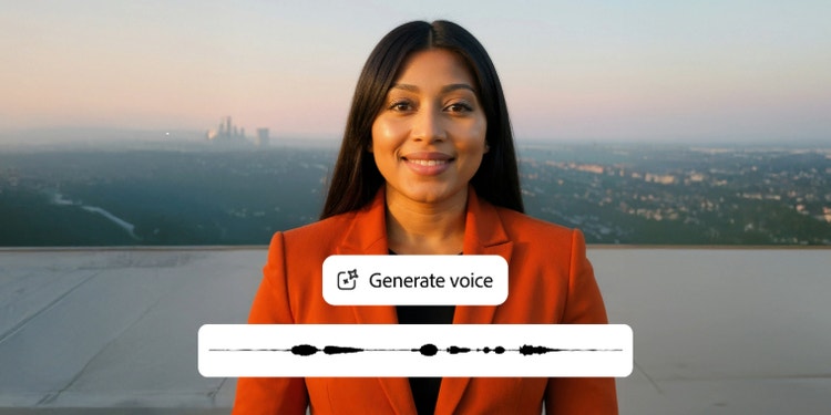 Timpaan lini masa audio dan seorang wanita tersenyum yang berbicara sebagai avatar animasi yang dihasilkan fitur Teks ke Avatar Adobe Firefly.