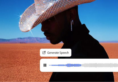 Konsep pembuatan suara kecerdasan buatan yang menampilkan orang dengan topi dan anting-anting berkilau di lanskap gurun, disertai visualisasi gelombang audio.