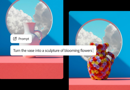 Contoh pengeditan gambar kecerdasan buatan yang menunjukkan vas putih polos yang diubah menjadi patung bunga mekar warna-warni dengan latar langit biru cerah.