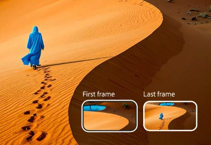 Konsep video hasil kecerdasan buatan yang menampilkan orang berbaju biru sedang berjalan melintasi gundukan gurun pasir oranye menuju kolam air biru, dengan frame pertama dan terakhir ditampilkan