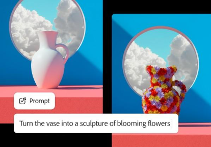 Contoh pengeditan gambar kecerdasan buatan yang menunjukkan vas putih polos yang diubah menjadi patung bunga mekar warna-warni dengan latar langit biru cerah.