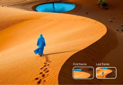 Konsep video hasil kecerdasan buatan yang menampilkan orang berbaju biru sedang berjalan melintasi gundukan gurun pasir oranye menuju kolam air biru, dengan frame pertama dan terakhir ditampilkan