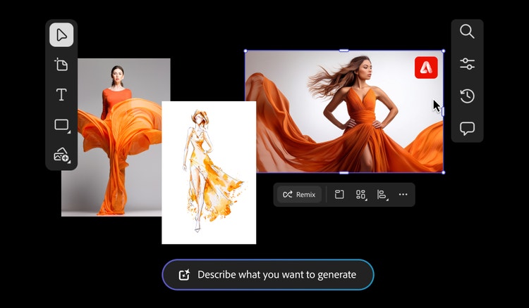 Gambar fashion hasil kecerdasan buatan yang menampilkan wanita dengan gaun oranye cerah untuk inspirasi papan panduan desain, dibuat dengan prompt teks ke gambar di Firefly.