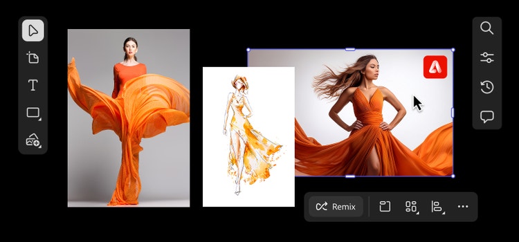 Gambar fashion hasil kecerdasan buatan yang menampilkan wanita dengan gaun oranye cerah untuk inspirasi papan panduan desain, dibuat dengan prompt teks ke gambar di Firefly.