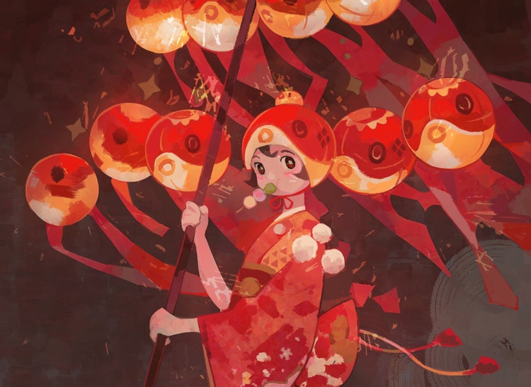 Gambar anime seorang wanita membawa bendera