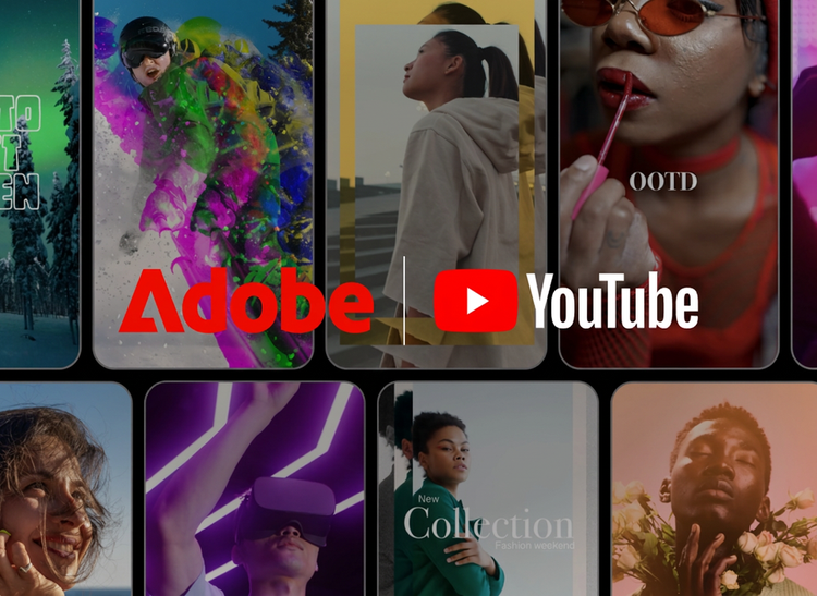 Frame dari YouTube Shorts — seorang wanita berkacamata merah, seorang pemain snowboarding, seorang wanita dengan perangkat realitas virtual, dan seorang pria memegang bunga — disertai overlay logo Adobe dan YouTube.