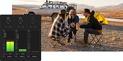 Photo of three people sitting in foldable chairs outside and the Adobe {{premiere}} Audio Levels tool panel superimposed over it