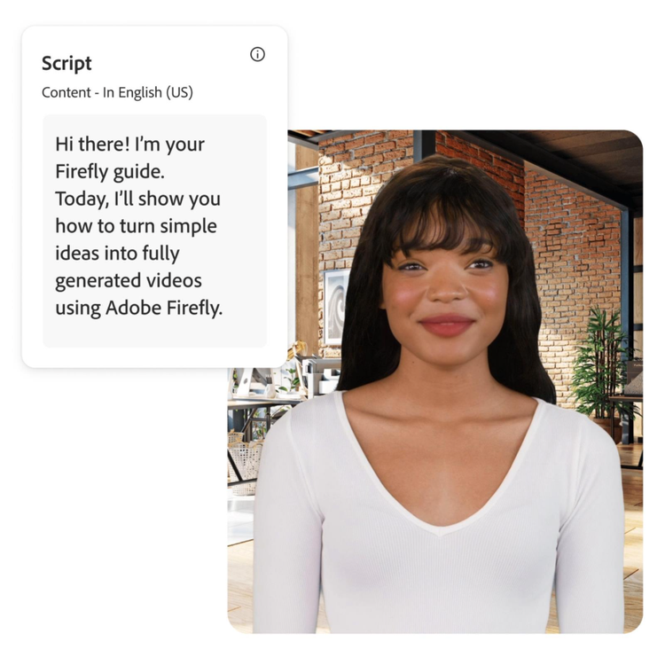 Avatar talking-head hasil kecerdasan buatan seorang wanita sedang memberikan presentasi menghadap kamera di sebuah ruang kerja modern, dengan panel skrip di layar yang menampilkan narasi berbahasa Inggris untuk tutorial Firefly.