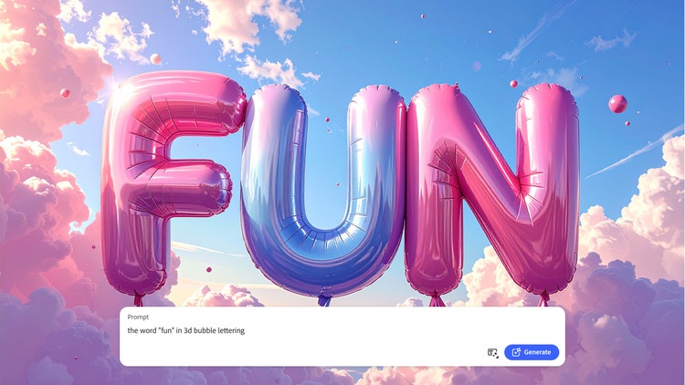 Gambar berwarna-warni kata "fun" dengan efek balon 3D berlatar langit merah muda dan biru yang dibuat dengan AI generatif Firefly, dengan overlay prompt teks-ke-gambar.