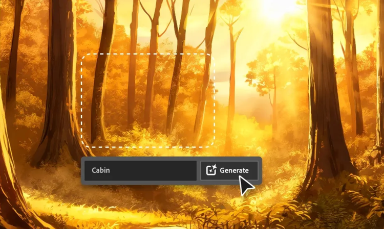 Gambar hasil kecerdasan buatan berupa hutan saat golden hour dan penggunaan kecerdasan buatan bagi desainer grafis untuk menambahkan kabin dengan tombol Hasilkan