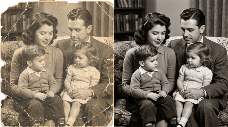Perbandingan sebelum dan sesudah sebuah foto potret keluarga vintage yang dipulihkan dengan kecerdasan buatan Adobe Firefly