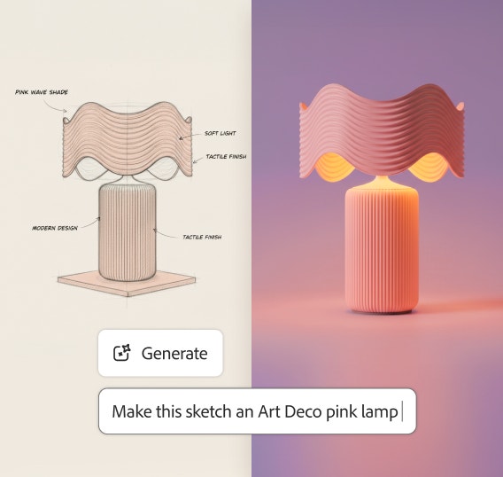 Gambar sebelum-sesudah yang menampilkan sketsa lampu Art Deco dan versi kecerdasan buatan dari lampu yang sama, beserta overlay yang menunjukkan tombol Hasilkan dan bar prompt di Firefly.