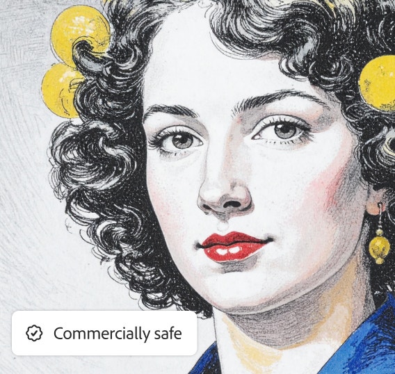 Potret sketsa vintage dengan rambut keriting dan aksen kuning yang menampilkan overlay lencana aman komersial Adobe Firefly.