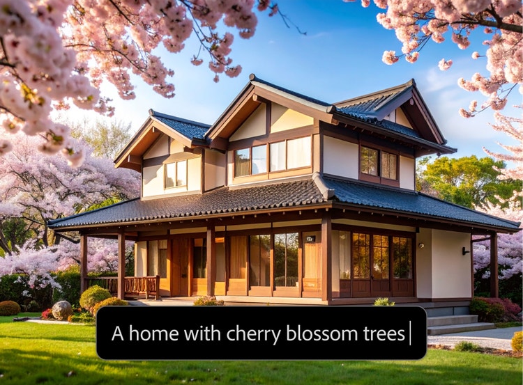 Rumah modern yang dikelilingi oleh pohon-pohon sakura yang bermekaran.