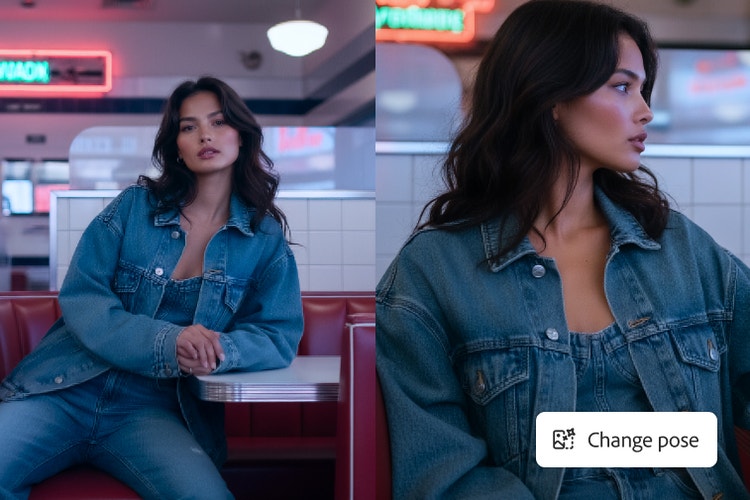 Gambar kanan-kiri berupa seorang wanita hasil kecerdasan buatan sedang duduk di bilik restoran dalam pose berbeda disertai prompt "Ubah pose."