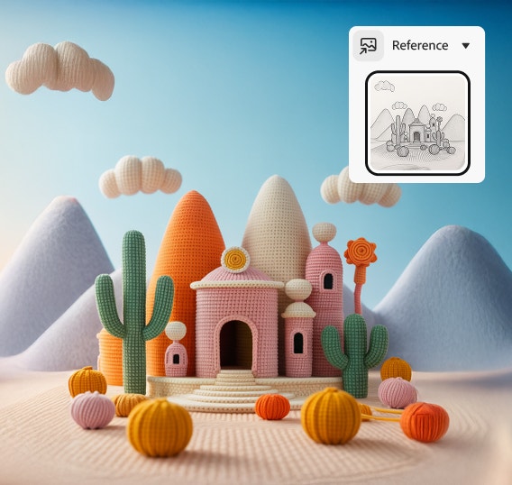 Gambar 3D bangunan mirip kastil yang dirancang dengan tekstur rajutan beserta overlay sketsa referensi yang digunakan untuk menghasilkan gambar tersebut.