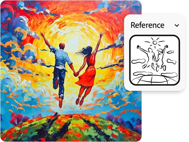 Karya seni warna-warni pasangan yang melompat dan gambar referensi sketsa minimal di sudut kanan atas alat AI sketsa ke gambar