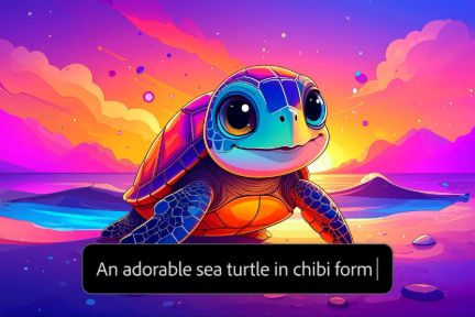 Kura-kura laut kartun bergaya chibi dengan warna cerah saat matahari terbenam, dengan label prompt yang berbunyi "Kura-kura laut menggemaskan dalam gaya chibi."