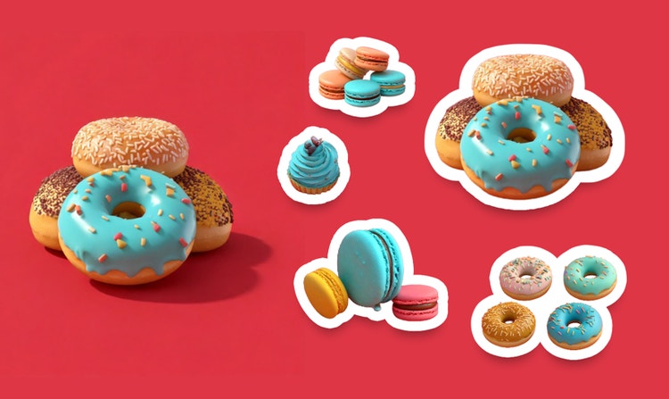 Gambar kue kering, donat, dan cupcake dengan palet warna yang sama diubah menjadi koleksi stiker dengan visual yang padu.