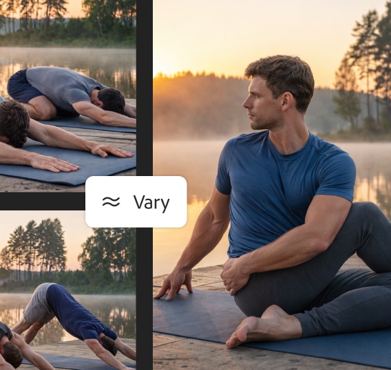 Gambar orang-orang sedang melakukan yoga. Antarmuka menampilkan tulisan “Generate” beserta "calm yoga pose at sunrise..." dan "vary."