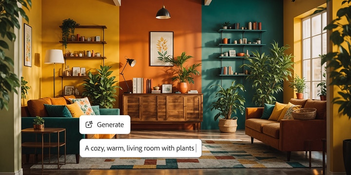 Ruangan dengan furnitur dan dinding warna-warni disertai overlay bar prompt Firefly dan prompt "Ruang tamu yang cerah, hangat, dengan tanaman."