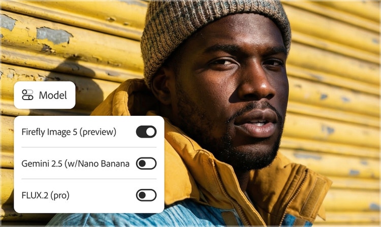 Seorang pria berjaket kuning dan biru berdiri di depan dinding dengan cat kuning yang mengelupas. Overlay menampilkan menu dropdown Model di Firefly
