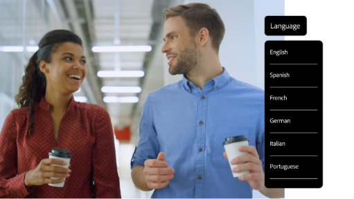 Gambar diam dari video pelatihan dua rekan kerja dan kotak pemilihan bahasa penerjemah video AI.