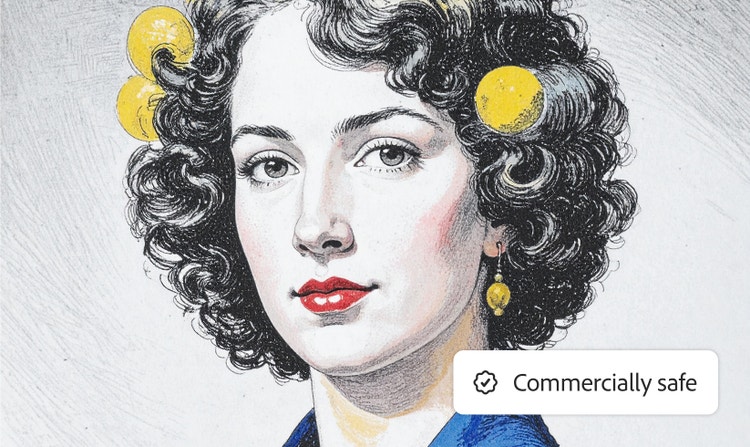 Potret sketsa vintage dengan rambut keriting dan aksen kuning yang menampilkan overlay lencana aman komersial Adobe Firefly.