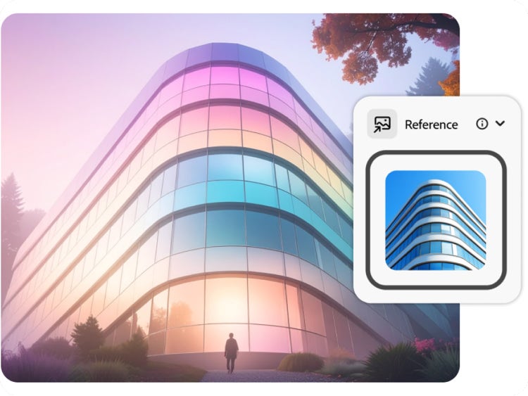 Kecerdasan buatan gambar-ke-gambar mengubah foto referensi gedung perkantoran modern menjadi bangunan bercahaya dengan warna gradien dan latar belakang ungu lembut.