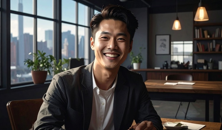 Gambar hasil kecerdasan buatan yang menampilkan seorang pria tersenyum di kantor dengan latar belakang pemandangan kota, dibuat menggunakan pembuat wajah kecerdasan buatan Firefly.