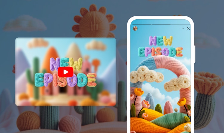 Layar judul video yang bertuliskan "Episode baru" dengan huruf bertekstur rajutan berwarna-warni di samping layar video yang sama yang diubah ukurannya untuk layar ponsel.