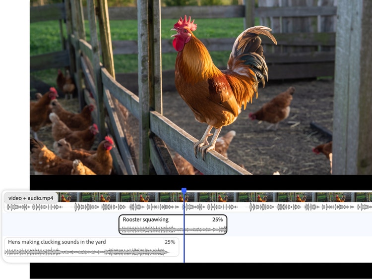 Antarmuka Hasilkan Efek Suara yang menampilkan tangkapan layar video ayam jantan bertengger di pagar dengan timeline video dan trek audio tambahan "Ayam jantan berkokok nyaring."