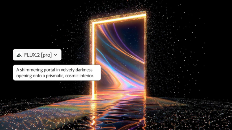 An AI-generated image of a shimmering doorway in what looks like outer space. Bright swirling colors are on the other side. UI on the image reads "FLUX.2 [pro]" and "A shimmering portal in velvety darkness, opening onto a prismatic, cosmic interior."