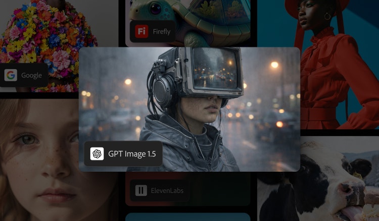 Seseorang di jalanan kota abu-abu mengenakan helm cyberpunk dengan layar video menutupi mata mereka. Gambar dihasilkan oleh GPT Image 1.5 di Firefly.
