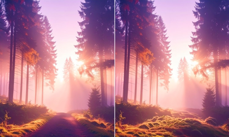 Gambar sebelum dan sesudah yang menunjukkan bagaimana Firefly dengan mudah mengganti jalan tanah di hutan dengan tanaman dan bebatuan.