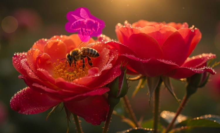 Close-up seekor lebah sedang menyerbuki mawar, dengan lebah kedua disorot untuk dihilangkan dengan Penghilang Generatif Firefly.
