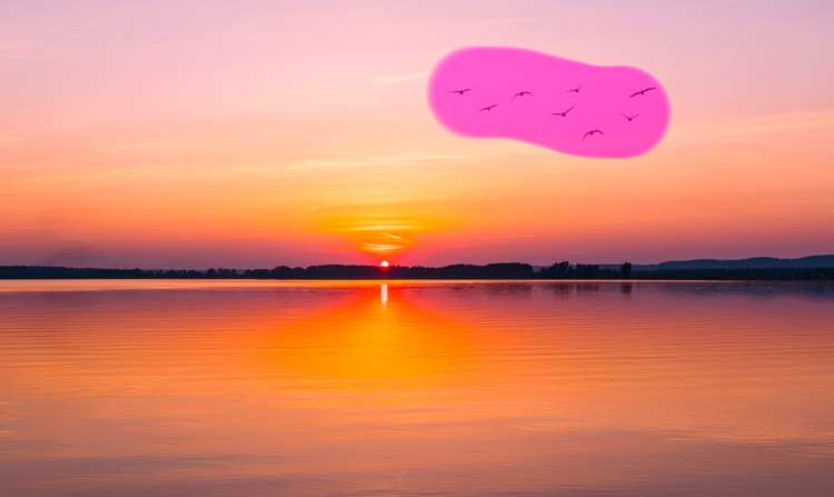 Dalam foto matahari terbenam di atas perairan, sekawanan burung di langit disorot untuk dihilangkan dengan Penghilang Generatif Firefly.