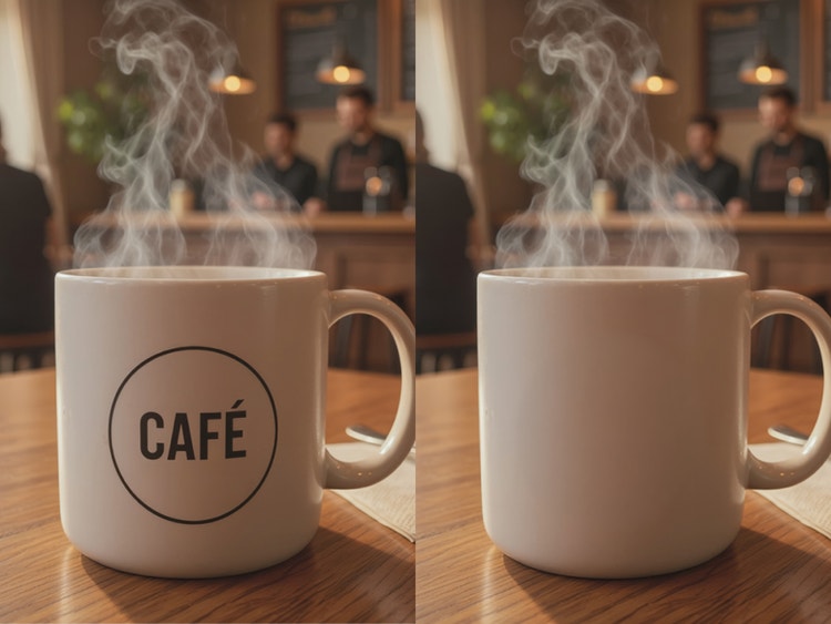 Gambar sebelum dan sesudah sebuah cangkir kopi di atas meja, dengan Penghilang Generatif Firefly yang menghilangkan logo dari cangkir pada gambar di sebelah kanan.
