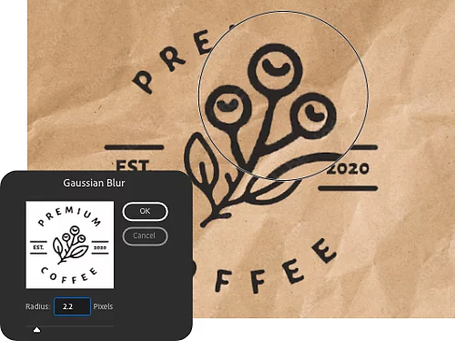 Jendela Blur Gaussian ditampilkan di atas gambar dengan stempel.