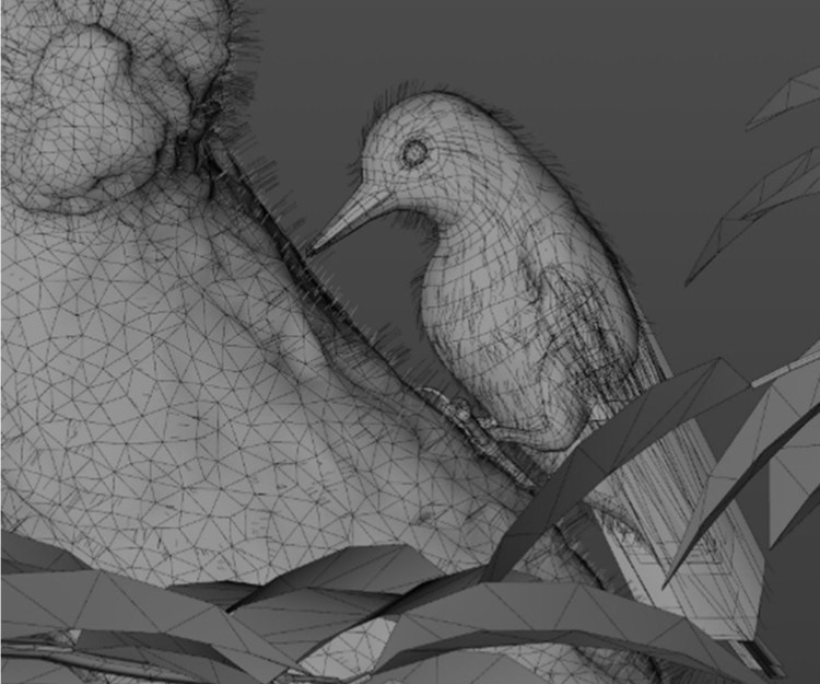 Model 3D seekor burung di pohon